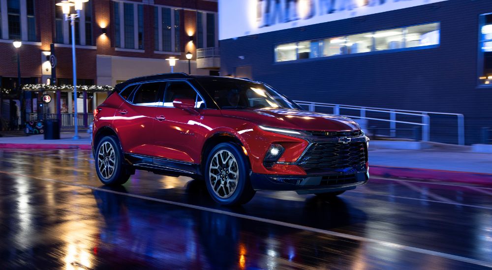 A red 2023 Chevy Blazer RS is shown from the front at an angle.