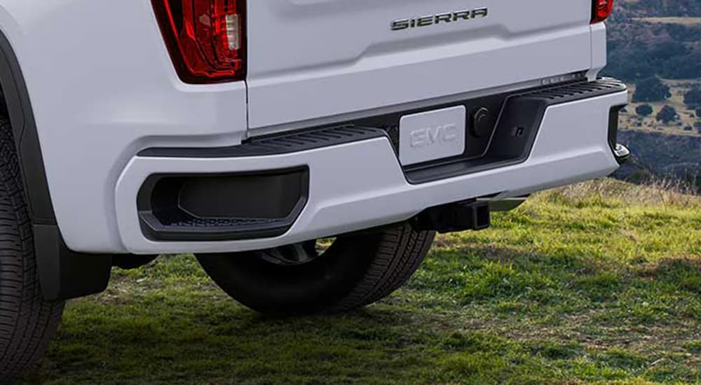 White tailgate on a white 2025 GMC Sierra 1500 Pro.