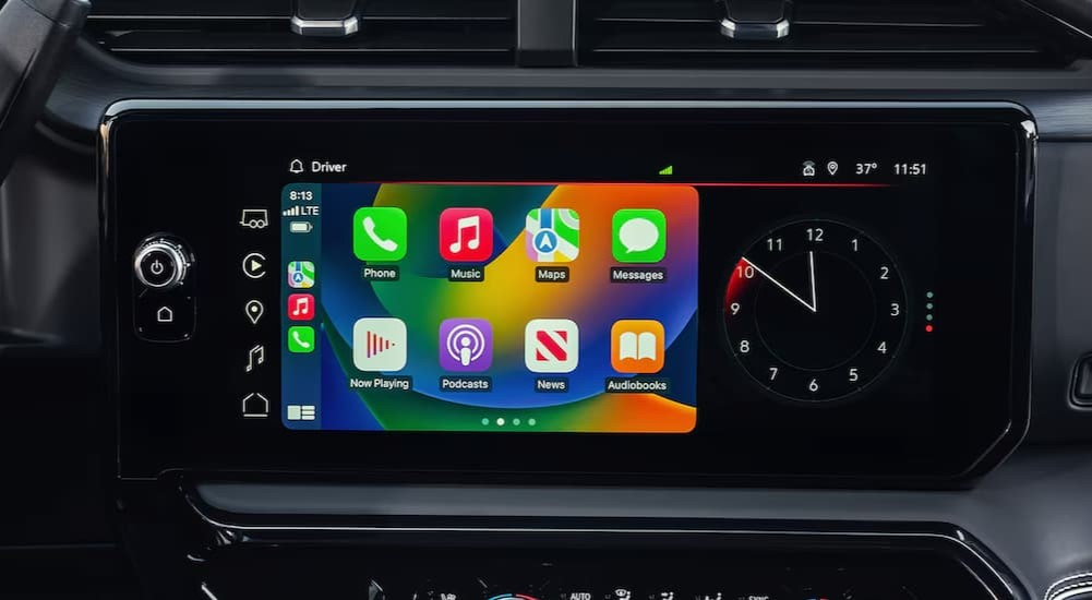 Close-up of the infotainment screen in a 2025 GMC Sierra 2500 HD.