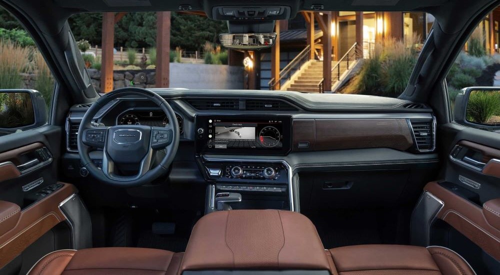 Brown leather interior of a 2025 GMC 1500 Denali Ultimate from a GMC dealer near Crump