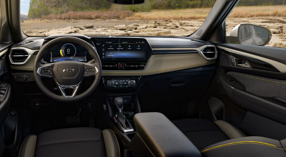 Black interior and infotainment system in a 2026 Chevy Trailblazer