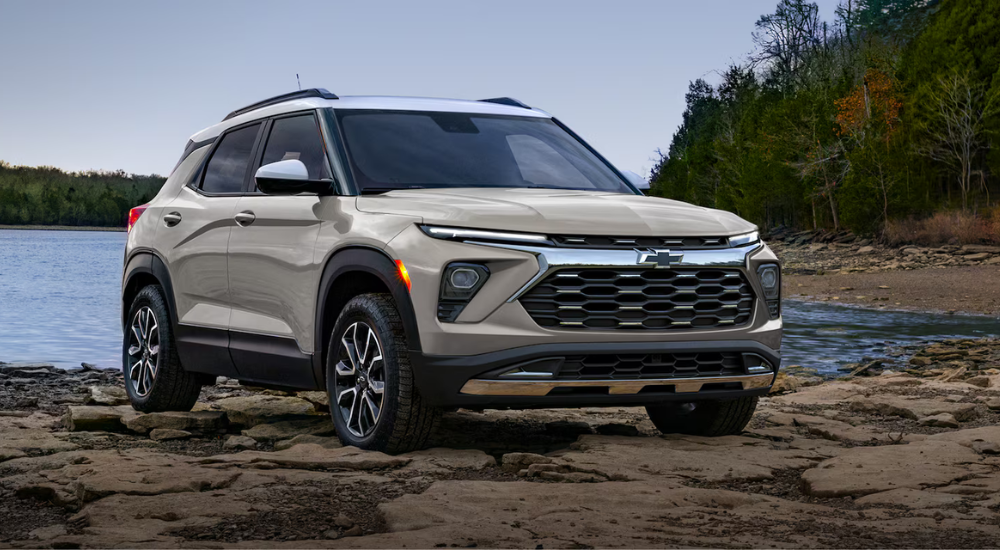 Silver 2026 Chevy Trailblazer parked by a lake