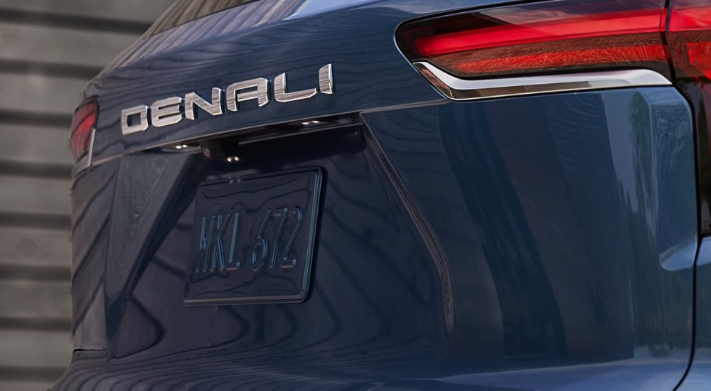 Rear of a blue 2025 GMC Terrain Denali