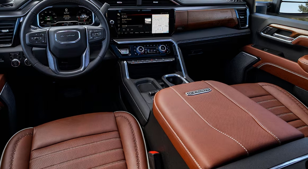 Black and brown interior in a 2026 GMC Sierra 2500 HD Denali Ultimate