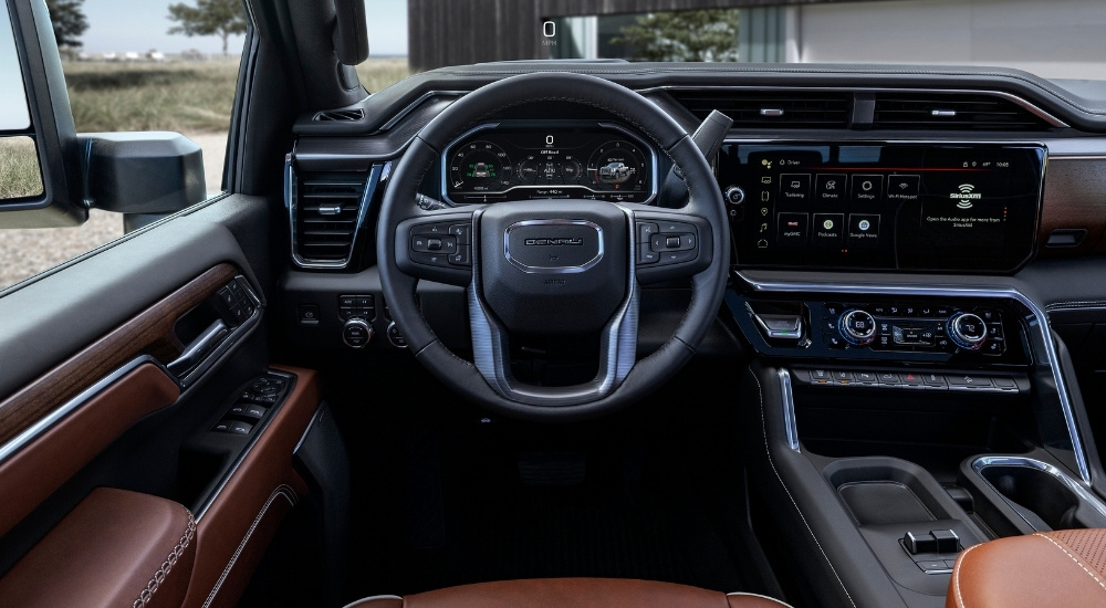 Black and brown interior and dash in a 2026 GMC Sierra 2500 HD for sale near Boonesville.